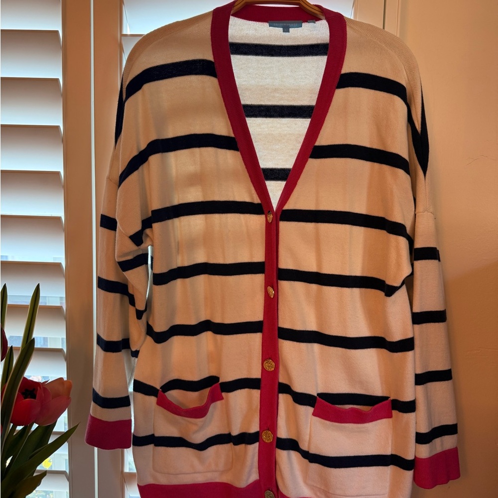 Draper James Striped Open-Front Cardigan Sweater with Pink Trim
